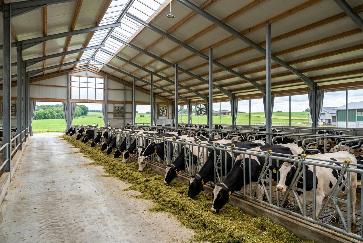 Healthy cattle feeding together on a farm