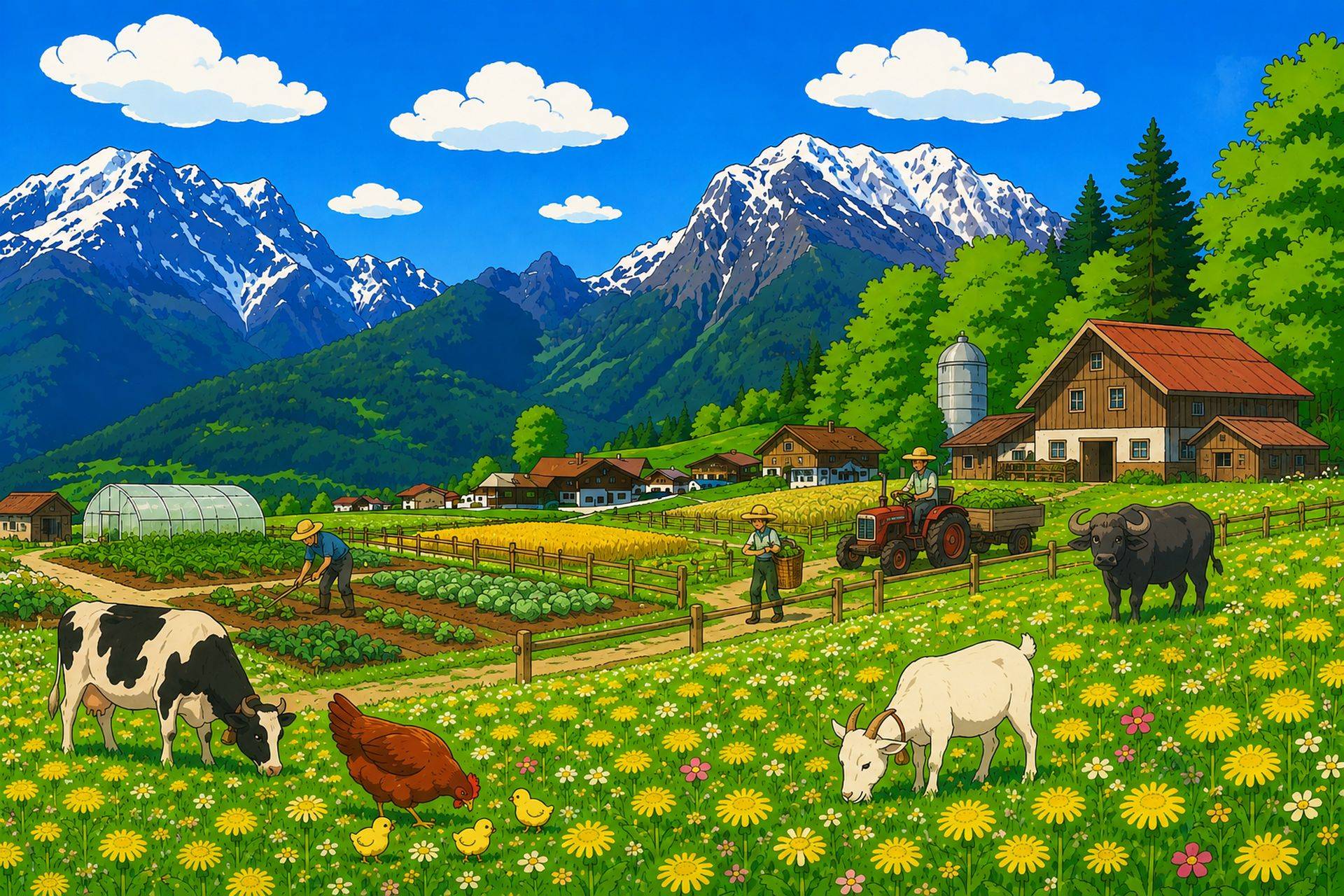 Cinematic illustrated farm landscape with snow-capped mountains, lush forests, golden wheat fields, healthy livestock and wildflowers