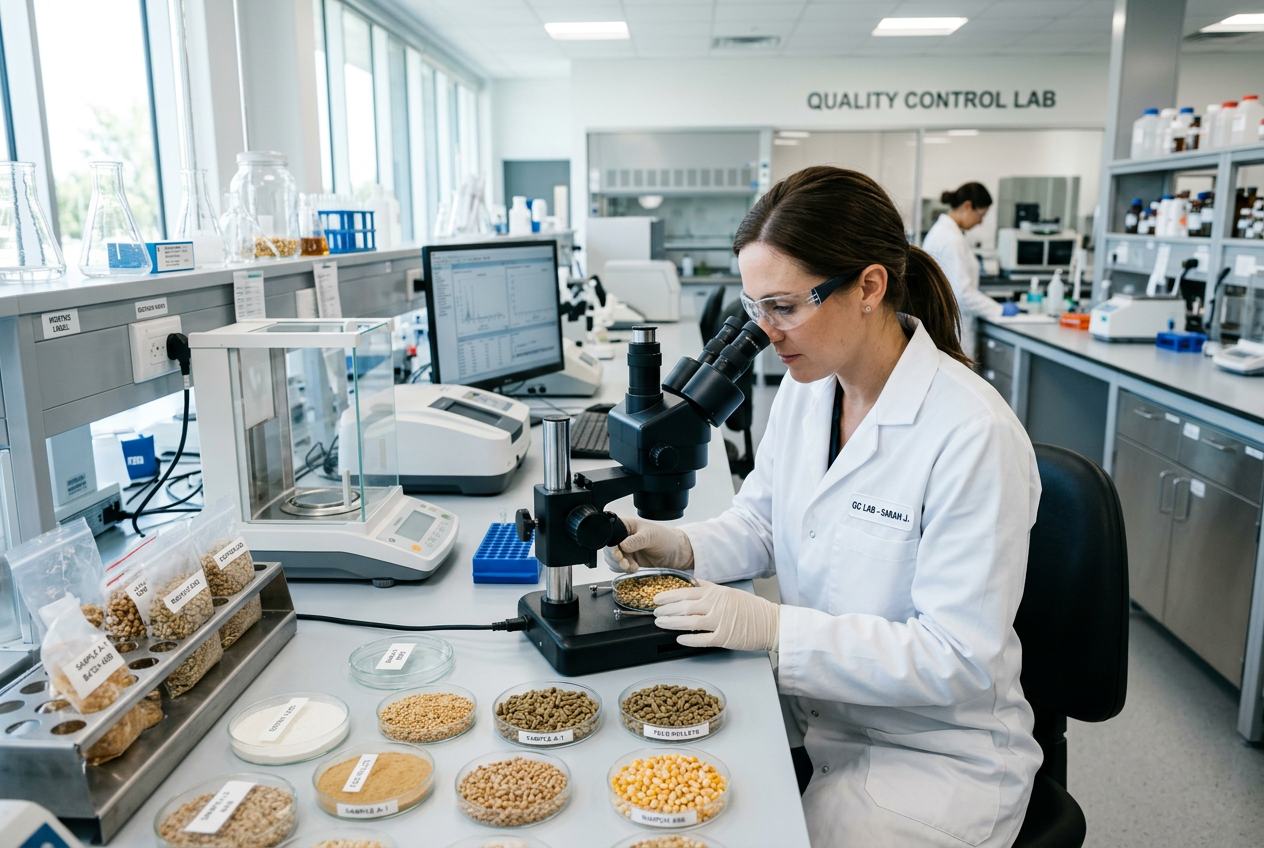 Animal nutrition scientists conducting laboratory analysis